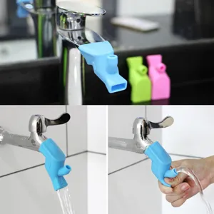 Portable silicone faucet extender for kids hand washing and mouth gargling daily use.