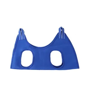 Blue breathable mesh pet grooming hammock detail view for cats and small dogs nail clipping.