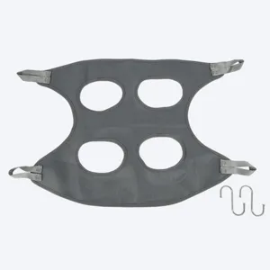 Breathable grey mesh pet grooming hammock detail view featuring four leg holes and S-hooks.
