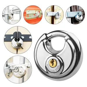 Stainless steel disc padlock, heavy duty round key lock with brass cylinder for storage door.