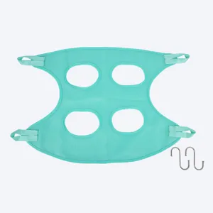 Detail shot of turquoise mesh pet grooming hammock showing breathable fabric and metal hooks.