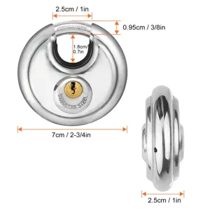Stainless steel disc padlock detail view showing 70mm size and dimensions for security.