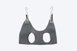 Grey mesh pet grooming hammock detail, dual leg holes and metal hooks for safe nail care.