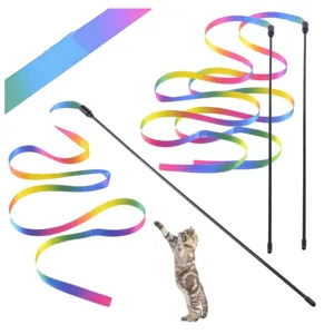 Varita de Juguete para Gato Cinta de Arcoíris Serpentina de Tela Colorida Con Mango Largo y Corto Juguete Interactivo para Gatitos