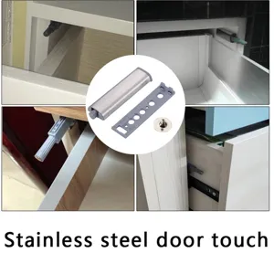 Stainless steel cabinet door touch latch detail view showing installation and hardware components.