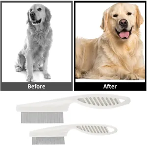 Detailed view of the fine-toothed flea comb set with plastic handles for pets grooming.