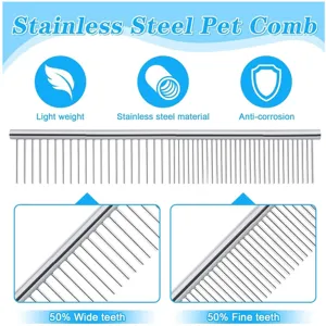 Stainless steel pet comb with wide and fine teeth for professional pet grooming and care.