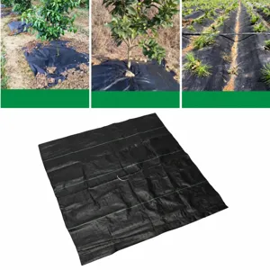 Vista dettagliata del tessuto diserbante nero con fessura, telo coprisuolo robusto.
