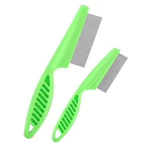 Detailed view of green plastic handle stainless steel pet flea comb set for cats and dogs