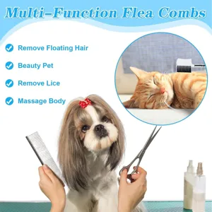 Pet flea comb set detail showing stainless steel teeth, grooming scissors and spray bottles.
