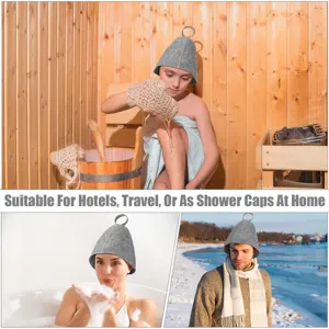 Grijze vilt sauna muts met ophanglus, absorberende douchemuts voor thuis, reizen en spa.
