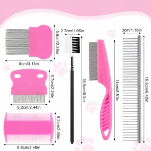 Pet flea comb set size chart showing dimensions for cat and dog grooming tools and metal combs.