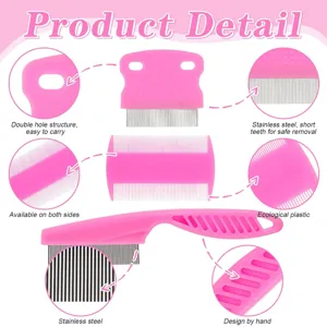 Pet flea comb set, stainless steel dense teeth, cat and dog grooming tools, pink plastic handle.