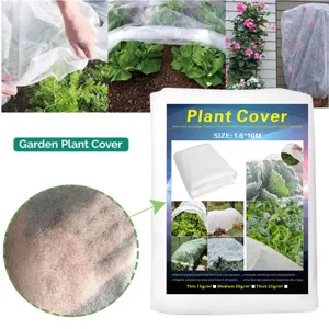 Detail view of non-woven plant cover showing fabric texture, frost protection and size 1.6x10m.