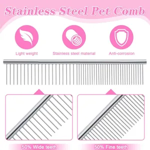 Stainless steel pet comb with wide and fine teeth for grooming cats and dogs effectively.