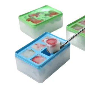 Bac a glacons en silicone avec couvercle, detail du moule a glace aux fruits, boite.