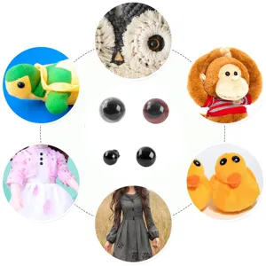 Black plastic safety eyes for DIY plush toys, dolls, and crafts. Detailed application views.