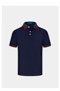 Men's short sleeve polo shirt navy blue with green red contrast collar casual summer top