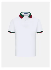 Men's short sleeve polo shirt in crisp white with classic green and red striped collar.