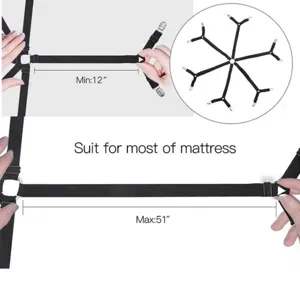 Detailed view of the adjustable black bed sheet fastener straps with metal clips and dimensions.
