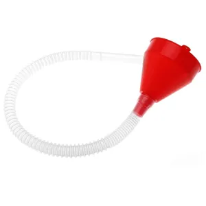 Detail view of the red plastic funnel with flexible corrugated hose for easy oil refilling.