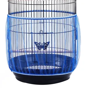 Dettaglio copertura per gabbia per uccelli in rete blu, protezione antispruzzo in nylon.