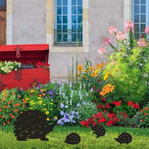 Acrylic hedgehog garden stakes detail view, cute animal silhouette lawn decor outdoors.