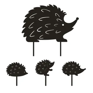 Close-up details of the black acrylic hedgehog garden stakes showcasing cute silhouette designs.