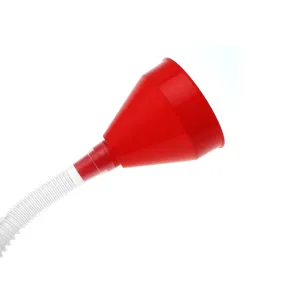 Detail view of the red plastic funnel and white flexible hose for easy oil refilling.