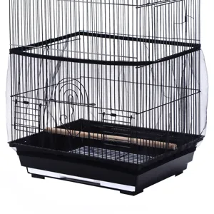 Gabbia per uccelli nera con raccoglitore di semi in rete, copertura in nylon e base.
