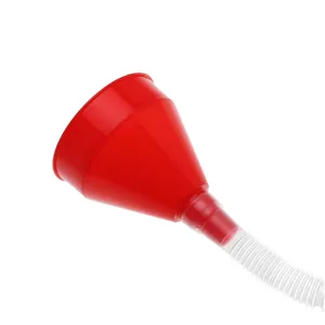 Plastic oil funnel detail view showing red wide funnel and flexible corrugated hose.