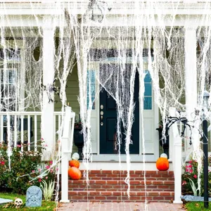 Halloween white creepy cloth decoration, spooky mesh fabric for haunted house and party setup.