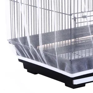 Detail shot of white mesh bird cage cover seed catcher, breathable fabric for pets.