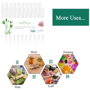 Dettaglio di pipette graduate in plastica monouso per artigianato e applicazioni di laboratorio.