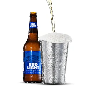 Stainless steel beer cup detail view featuring chilled condensation and beer pouring scene.