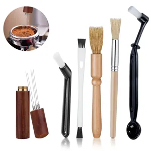 Details of the 6-piece coffee cleaning brush and WDT needle set for espresso machines.