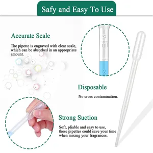 Vista dettagliata delle pipette di trasferimento in plastica con scala precisa e bulbo morbido.