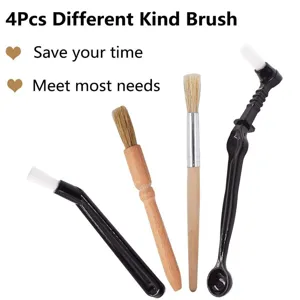 Detailed view of 4 pieces coffee machine cleaning brushes set with wooden and plastic handles.