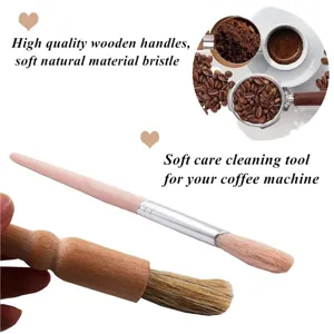 Wooden handle coffee machine cleaning brush with soft natural bristles for espresso care.
