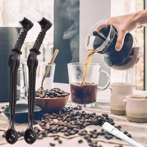 Dual head coffee machine cleaning brush with spoon and soft bristle for espresso machine tools.