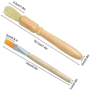 Wooden coffee grinder cleaning brush set featuring detailed dimension specifications.