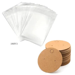 Vue détaillée de cartes de boucles d'oreilles en kraft rondes et sachets plastique 100pcs.