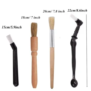 Coffee machine cleaning brush set with wooden and plastic handles for deep daily cleaning.