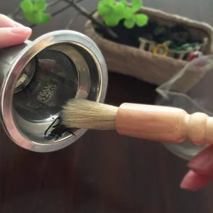 Wooden handle coffee cleaning brush set for grinder and filter cleaning, durable and practical.