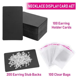 set di cartellini neri 6x9cm per collane con 100 bustine trasparenti e 200 tappi per orecchini
