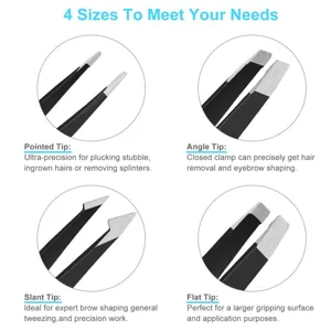 Detailed close-up feature graphic showing four types of professional eyebrow tweezers tips.
