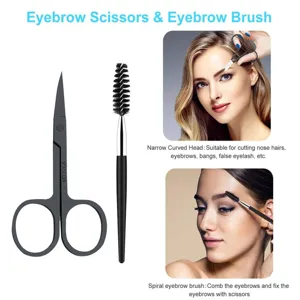 Eyebrow scissors and brush set with curved blade for precise facial hair grooming.