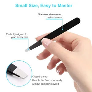 Precision stainless steel slant tip eyebrow tweezers for accurate hair removal and grooming.