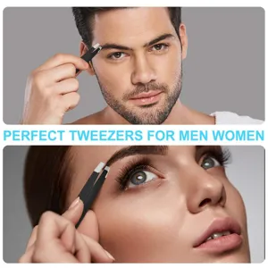 Detailed view of precision slanted tweezers for eyebrow grooming and facial hair removal care.