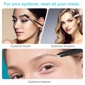 Eyebrow grooming kit including brush, scissors and tweezers for precise facial hair removal.